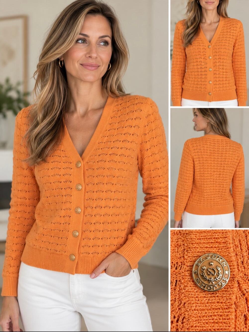 St John Orange Cardigan Sweater Women Small Open Knit Gold Logo Button